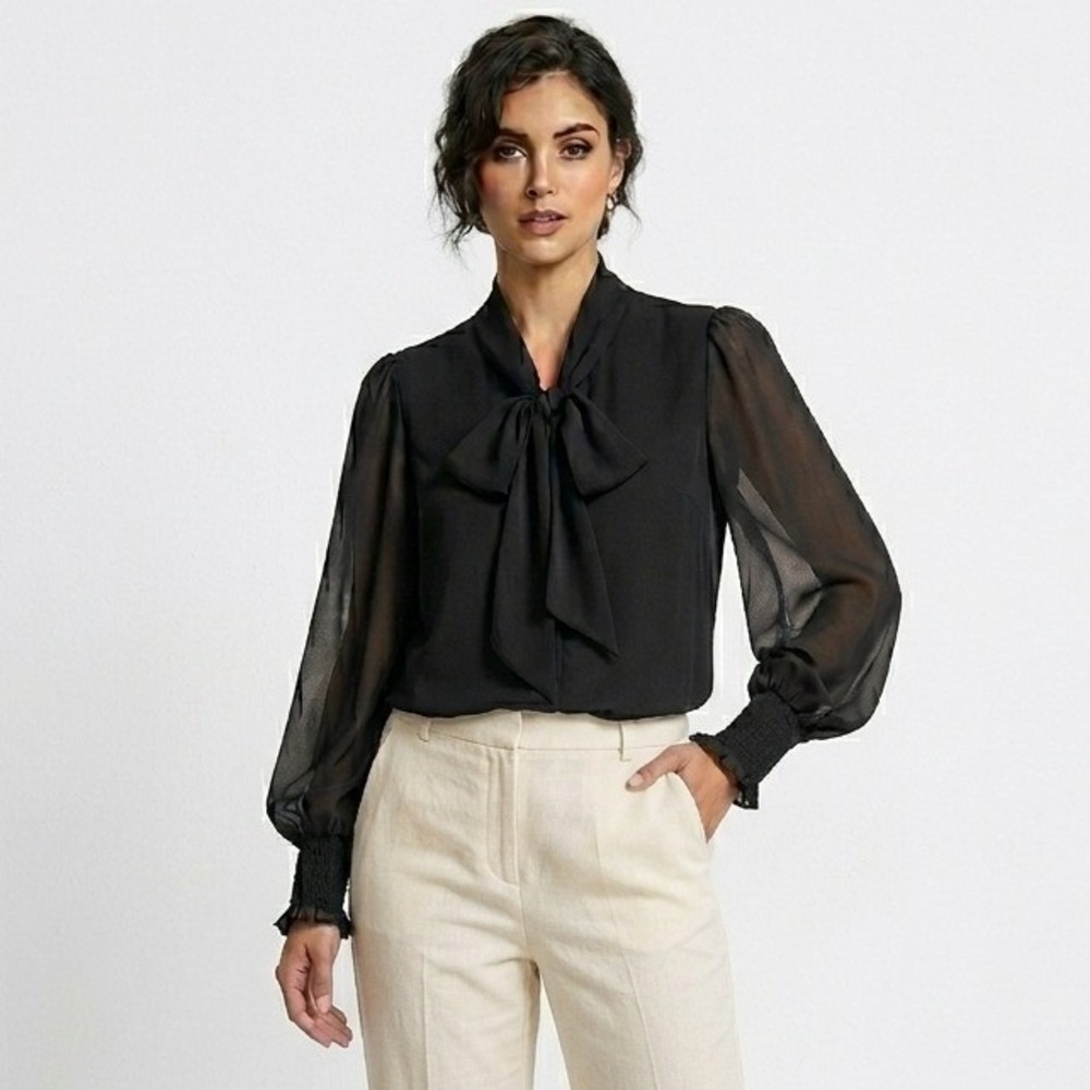 Catherine Malandrino‎ Tie Neck Sheer Sleeve Blouse Women XS Buttons Gothic Fairy